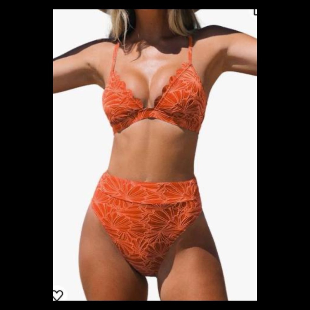 Orange texture, two-piece swimsuit.